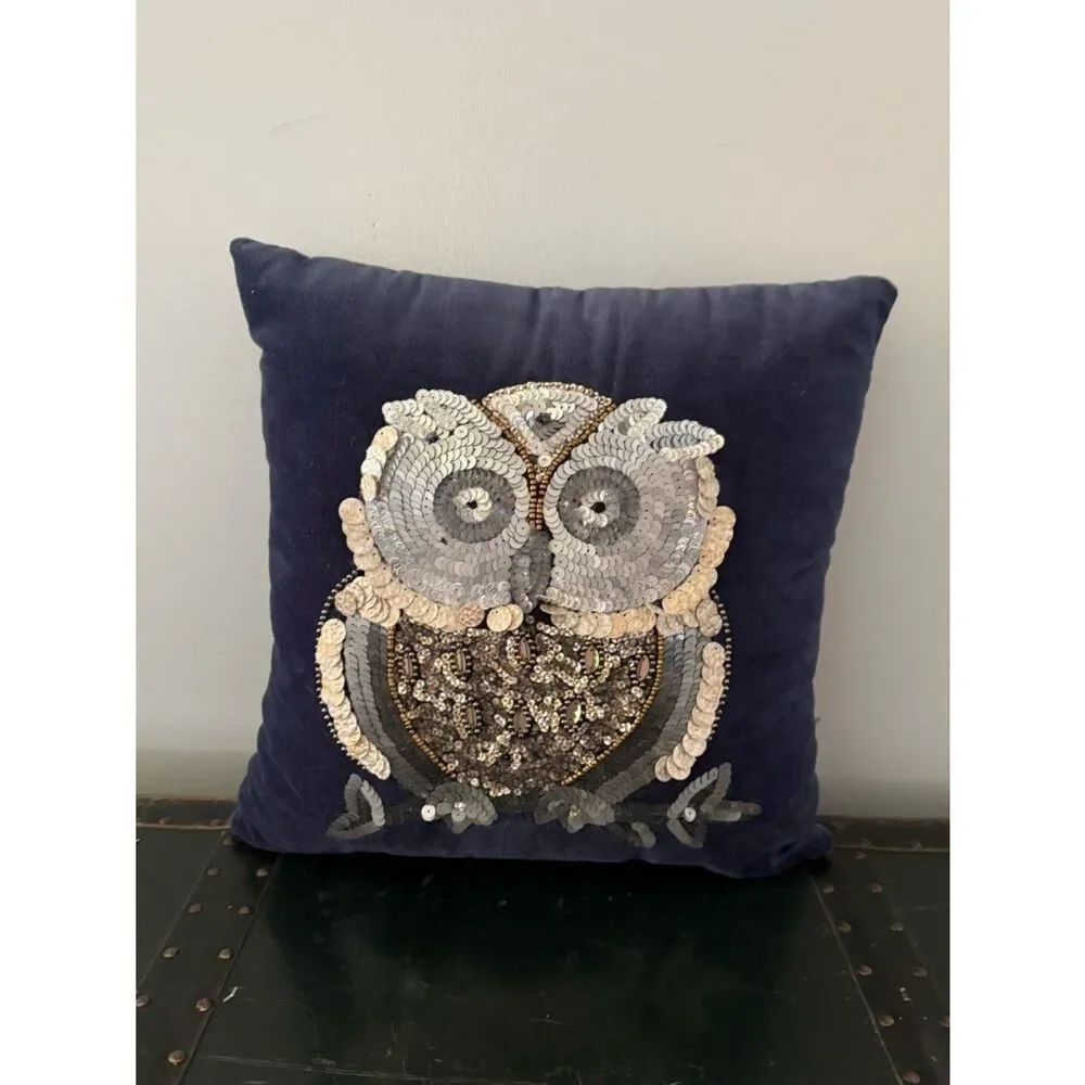 Pier 1 Imports Deep Blue Velvet Sequins Beaded Owl Accent Pillow Jewel Tone